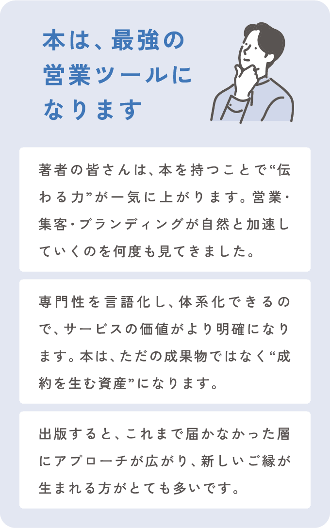 [本は、最強の営業ツールになります] 著者の皆さんは、本を持つことで“伝わる力”が一気に上がります。営業・集客・ブランディングが自然と加速していくのを何度も見てきました。／専門性を言語化し、体系化できるので、サービスの価値がより明確になります。本は、ただの成果物ではなく“成約を生む資産”になります。／出版すると、これまで届かなかった層にアプローチが広がり、新しいご縁が生まれる方がとても多いです。